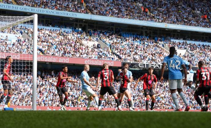 Marc GuÃ hi celebrates scoring the equalising goal for Manchester City Marc GuÃ hi (6, right covered) rises to score the equalising goal for Manchester City with a header Manchester City v Bournemouth, Premier League, Football, Etihad Stadium, Manchester, UK - 23 Aug 2026Manchester Etihad Stadium United Kingdom EDITORIAL USE ONLY No use with unauthorised audio, video, data, fixture lists, club league logos or live services. Online in-match use limited to 120 images, no video emulation. No use in betting, games or single club league player publications.  Copyright: xWiredxPhotos Shutterstockx 17113667bq