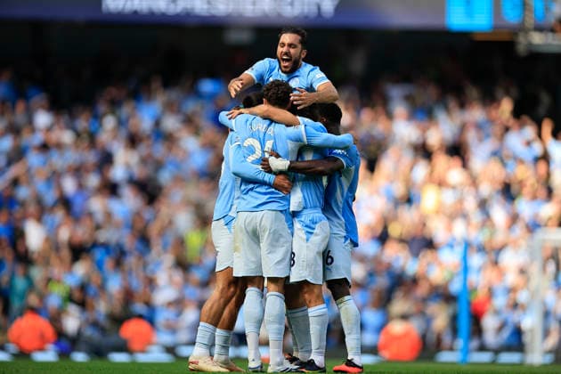Manchester City v Bournemouth, Premier League Rayan Cherki (10) of Manchester City celebrates a goal by Josko Gvardiol (24) of Manchester City to make it 2-1 during the Premier League match between Manchester City and Bournemouth at the Etihad Stadium, Manchester, UK on 23 August 2026. Manchester Etihad Stadium Manchester UK Editorial use only DataCo restrictions apply See www.football-dataco.com , Copyright: xConorxMolloyx PSI-24721-0043