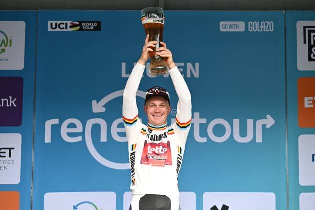 Belgian Lionel Taminiaux pictured on the podium after the fifth and last stage of the Renewi Tour multi-stage cycling race, from and to Leuven (183,7 km) on Sunday 23 August 2026. The five-day race takes place from 19 to 23 08. DAVIDxPINTENS  x0864635936stx