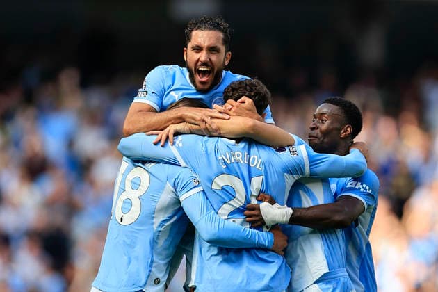 Manchester City v Bournemouth, Premier League Rayan Cherki (10) of Manchester City celebrates a goal by Josko Gvardiol (24) of Manchester City to make it 2-1 during the Premier League match between Manchester City and Bournemouth at the Etihad Stadium, Manchester, UK on 23 August 2026. Manchester Etihad Stadium Manchester UK Editorial use only DataCo restrictions apply See www.football-dataco.com , Copyright: xConorxMolloyx PSI-24721-0045
