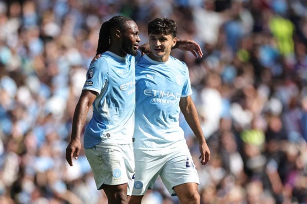Premier League: Manchester City v Bournemouth Antoine Semenyo of Manchester City and Abdukodir Khusanov of Manchester City celebrate the 2-1 win during the Premier League match Manchester City vs Bournemouth at Etihad Stadium, Manchester, United Kingdom on 23 August 2026 (Photo by Mark Cosgrove News Images) Manchester Etihad Stadium Greater Manchester United, ManU Kingdom Copyright: xMarkxCosgrove NewsxImagesx