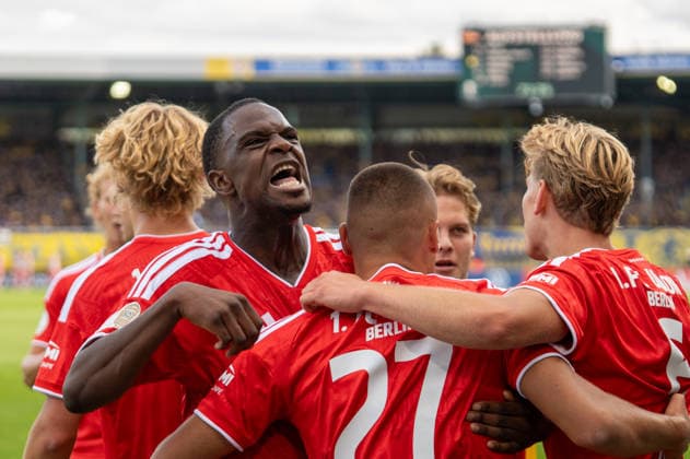 Deutschland: Fussball DFB-Pokal, 1. Runde 2026 2027, Eintracht Braunschweig - 1. FC Union Berlin am 23.08.2026 in Braunschweig (Eintracht-Stadion): Tor zum 2:3 Marin Ljubicic (1. FC Union Berlin, 27) Jubel, Freude, Torjubel, Emotionen Ilyas Ansah (1. FC Union Berlin, 10) *** German Soccer DFB Cup, 1st Round 2026–2027, Eintracht Braunschweig vs. 1. FC Union Berlin on August 23, 2026, at Eintracht Braunschweig Stadium; Goal to make it 2–3 by Marin Ljubicic of 1. FC Union Berlin, 27 Cheering, joy, goal celebration, emotions—Ilyas Ansah, 1. FC Union Berlin, 10 Copyright: xSvenxHeidmannx