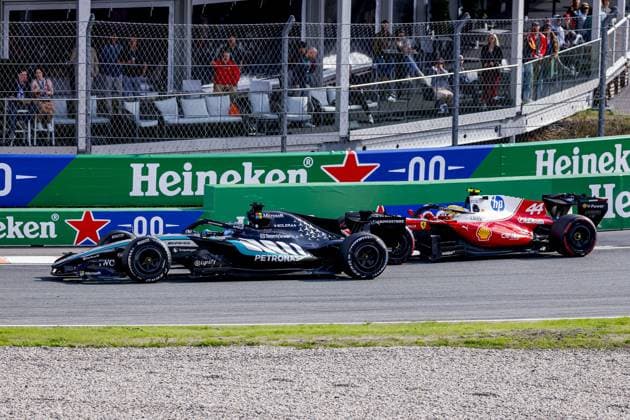 ZANDVOORT - Lewis Hamilton from Great Britain and driver for Scuderia Ferrari HP, George Russell from Great Britain and driver for Mercedes-AMG PETRONAS F1 Team during the Formula 1 Heineken Dutch Grand Prix at Circuit Zandvoort on 23 August 2026 in Zandvoort, the Netherlands. MARCEL TER BALS ANP xVIxANPxSportx xMarcelxterxBalsxIVx 566109459 originalFilename: 566109459.jpg