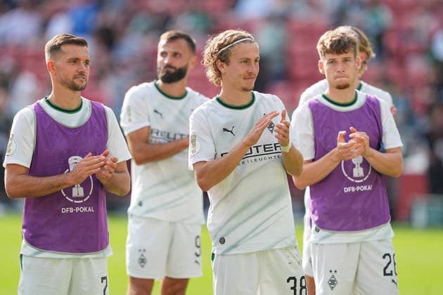 23.08.2026, xydrx, Fußball, DFB Pokal, TSV Schott Mainz - Borussia Mönchengladbach, Saison 2026 2027, MEWA Arena: Kevin Stoeger (Borussia Moenchengladbach, 7) Hugo Bolin (Borussia Moenchengladbach, 38) Lukas Ullrich (Borussia Moenchengladbach, 26) freuen sich über den Sieg DFB regulations prohibit any use of photographs as image sequences and or quasi-video. *** August 23, 2026, xydrx, Soccer, DFB Cup, TSV Schott Mainz vs. Borussia Mönchengladbach, 2026–2027 season, MEWA Arena: Kevin Stoeger (Borussia Mönchengladbach), 7 Hugo Bolin (Borussia Mönchengladbach), 38 Lukas Ullrich (Borussia Mönchengladbach), 26 celebrate the victory. DFB regulations prohibit any use of photographs as image sequences and or quasi-video. Copyright: HMBxMedia YannisxDreimann