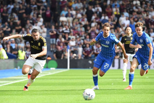 Brighton and Hove Albion v Aston Villa, Premier League John McGinn Midfielder of Aston Villa, Olivier Boscagli Defender of Brighton and Hove Albion and Maxim De Cuyper Defender of Brighton and Hove Albion all chase down the ball during the Premier League match between Brighton and Hove Albion and Aston Villa at the American Express Stadium, Brighton and Hove, UK on 23 August 2026. Brighton and Hove American Express Stadium East Sussex UK Editorial use only DataCo restrictions apply See www.football-dataco.com , Copyright: xJeffxMoodx PSI-24737-0054
