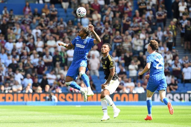 Brighton and Hove Albion v Aston Villa, Premier League Georginio Rutter Forward of Brighton and Hove Albion heads the ball watched on by Boubacar Kamara Midfielder of Aston Villa during the Premier League match between Brighton and Hove Albion and Aston Villa at the American Express Stadium, Brighton and Hove, UK on 23 August 2026. Brighton and Hove American Express Stadium East Sussex UK Editorial use only DataCo restrictions apply See www.football-dataco.com , Copyright: xJeffxMoodx PSI-24737-0055