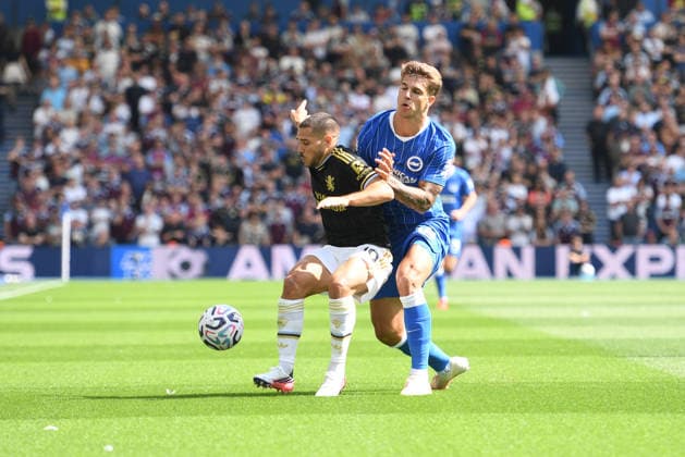 Brighton and Hove Albion v Aston Villa, Premier League Emiliano Buendia Midfielder of Aston Villa an Luka Vuskovic Defender of Brighton and Hove Albion in action during the Premier League match between Brighton and Hove Albion and Aston Villa at the American Express Stadium, Brighton and Hove, UK on 23 August 2026. Brighton and Hove American Express Stadium East Sussex UK Editorial use only DataCo restrictions apply See www.football-dataco.com , Copyright: xJeffxMoodx PSI-24737-0056