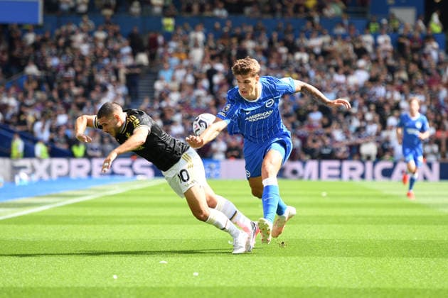 Brighton and Hove Albion v Aston Villa, Premier League Emiliano Buendia Midfielder of Aston Villa goes to ground under pressure from Luka Vuskovic Defender of Brighton and Hove Albion during the Premier League match between Brighton and Hove Albion and Aston Villa at the American Express Stadium, Brighton and Hove, UK on 23 August 2026. Brighton and Hove American Express Stadium East Sussex UK Editorial use only DataCo restrictions apply See www.football-dataco.com , Copyright: xJeffxMoodx PSI-24737-0057