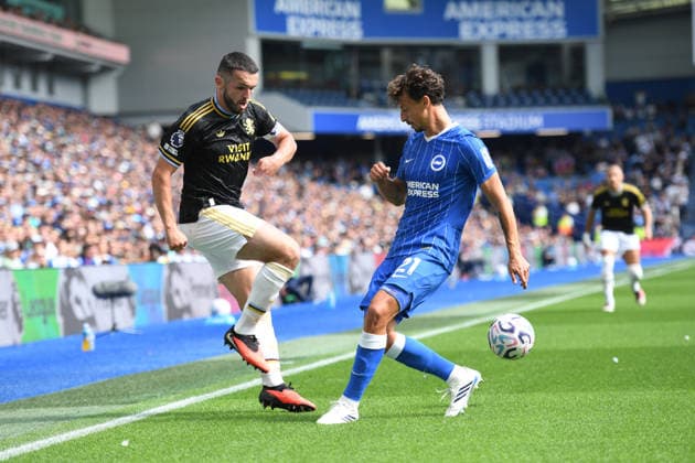 Brighton and Hove Albion v Aston Villa, Premier League John McGinn Midfielder of Aston Villa and Olivier Boscagli Defender of Brighton and Hove Albion in action during the Premier League match between Brighton and Hove Albion and Aston Villa at the American Express Stadium, Brighton and Hove, UK on 23 August 2026. Brighton and Hove American Express Stadium East Sussex UK Editorial use only DataCo restrictions apply See www.football-dataco.com , Copyright: xJeffxMoodx PSI-24737-0062