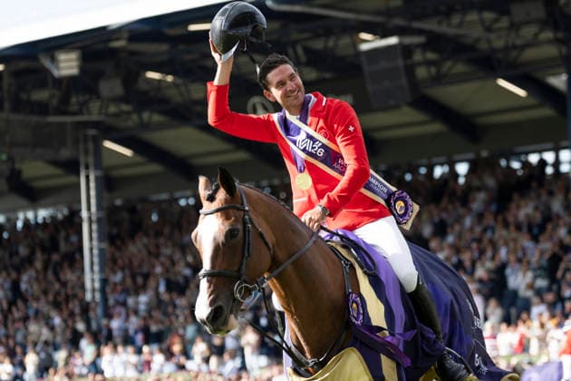 Steve GUERDAT (SUI) auf Dynamix de Belheme gewinnt die Gold Medaille, auf der Ehrenrunde, Jubel, Freude, Lachen, im Galopp, Siegerehrung, Einzelaktion, Aktion, im Springen S3, Umlauf A, FEI Jumping World Championship, WM, Weltmeisterschaft - Individual Final - LONGINES-Preis, am 23.08.2026, FEI Reit Weltmeisterschaft Aachen 2026 vom 11. - 23.08.2026 in Aachen Deutschland; Â *** Steve GUERDAT SUI on Dynamix de Belheme wins the gold medal; lap of honor; cheers, joy, laughter; at a gallop; award ceremony; individual performance; action; in S3 jumping, Round A, FEI Jumping World Championship Individual Final LONGINES Prize, on August 23, 2026, FEI World Equestrian Games Aachen 2026 from August 11–23, 2026, in Aachen, Germany Â