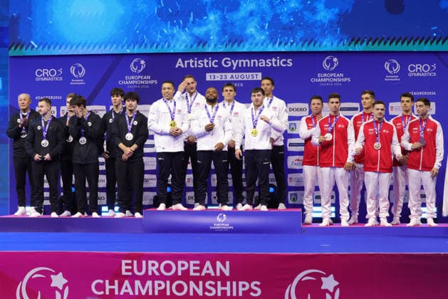 Winners: RUS, GBR, SUI - after seniors team-final at 2026 Europeans in Zagreb; 23 08 2026; *** Winners from RUS, GBR, and SUI after the senior team final at the 2026 European Championships in Zagreb on August 23, 2026 