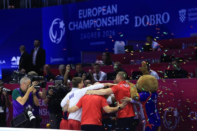 Zagreb, 23.08.2026. - 37TH EUROPEAN MEN™S ARTISTIC GYMNASTICS Men s Artistic Gymnastics Team Final SENIORS. The Great Britain team celebrates the victory, TULLOCH Courtney, HEPWORTH Harry, FRASER Joe, RUSHWORTH Jonas, SCOTT Sol Men s Artistic Gymnastics Team Final SENIORS  2S6A8659.JPG