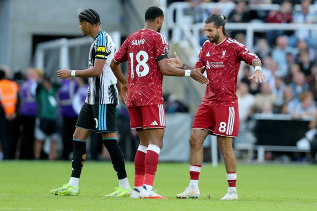 Newcastle United v Liverpool - Premier League 2026 27 Cody Gakpo and Dominik Szoboszlai of Liverpool celebrate equalizing goal during the Premier League 2026 27 match between Newcastle United and Liverpool FC at St James Park on August 23, 2026 in Newcastle upon Tyne, England. WARNING! This Photograph May Only Be Used For Newspaper And Or Magazine Editorial Purposes. May Not Be Used For Publications Involving 1 player, 1 Club Or 1 Competition Without Written Authorisation From Football DataCo Ltd. For Any Queries, Please Contact Football DataCo Ltd on +44 (0) 207 864 9121 Newcastle upon Tyne St. James Park England United Kingdom Copyright: xAllstarxPicturexLibraryxLtdx