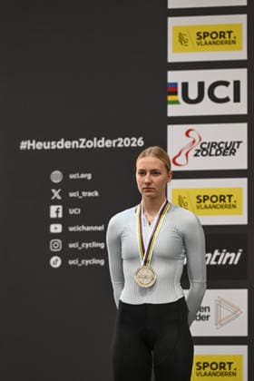 2026 UCI Junior Track World Championships Picture by Mathew Wells SWpix.com - 23 08 2026 - Cycling - 2026 UCI Junior Track World Championships - Heusden-Zolder, Flanders, Belgium - Women Keirin Final - Viktoriia Luchina of AIN receiving the Silver Medal Copyright: x xSWpix.comx(t axPhotographyxHubxLtd)xMathewxWells SWpix.comx SWP-3030-19336