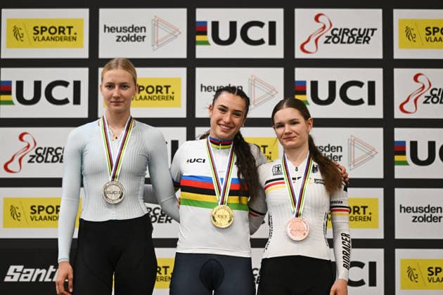 2026 UCI Junior Track World Championships Picture by Mathew Wells SWpix.com - 23 08 2026 - Cycling - 2026 UCI Junior Track World Championships - Heusden-Zolder, Flanders, Belgium - Women Keirin Final - Maya Ferrante of Italy wins the Gold Medal with Viktoriia Luchina of AIN receiving the Silver Medal and Celine Prochnau of Germany receiving the Bronze Medal Copyright: x xSWpix.comx(t axPhotographyxHubxLtd)xMathewxWells SWpix.comx SWP-3030-19339