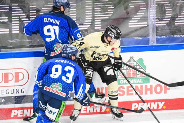 Straubing Tigers vs. Grizzlys Wolfsburg, Eishockey, Deutsche Eishockey Liga, Penny DEL, Vorbereitungsspiel, Gaeuboden Cup, Saison 2026 2027 am 23.08.2026 Hudson Elynuik (Straubing Tigers) im Zweikampf mit Les Lancaster (Grizzlys Wolfsburg), Eishockey Herren, Deutsche Eishockey Liga, Penny DEL, Vorbereitungsspiel, Gaeuboden Cup, Saison 2026 2027 am 23.08.2026 im Eisstadion am Pulverturm, Straubing Tigers (blau) gegen Grizzlys Wolfsburg (beige) *** Straubing Tigers vs. Grizzlys Wolfsburg, Ice Hockey, German Ice Hockey League, Penny DEL, Preseason Game, Gaeuboden Cup, 2026–2027 season on August 23, 2026: Hudson Elynuik of the Straubing Tigers goes head-to-head with Les Lancaster of the Grizzlys Wolfsburg, Men’s Ice Hockey, German Ice Hockey League, Penny DEL, Preseason Game, Gaeuboden Cup, 2026–2027 Season on August 23, 2026, at the Eisstadion am Pulverturm, Straubing Tigers (blue) vs. Grizzlys Wolfsburg (beige)