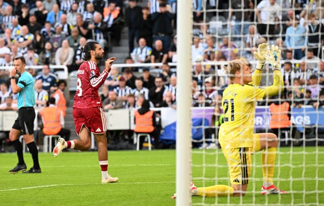 Newcastle Upon Tyne, England, 23rd August 2026. Dominik Szoboszlai of Liverpool appears to taunt the Newcastle fans after scoring from the penalty spot to equalise in extra time during the Newcastle United vs Liverpool Premier League match at St. James Park, Newcastle Upon Tyne. Picture credit should read: Anna Gowthorpe Sportimage EDITORIAL USE ONLY. No use with unauthorised audio, video, data, fixture lists, club league logos or live services. Online in-match use limited to 120 images, no video emulation. No use in betting, games or single club league player publications. SPI_059_AG_Newcastle_Liverpool SPI-4932-0060