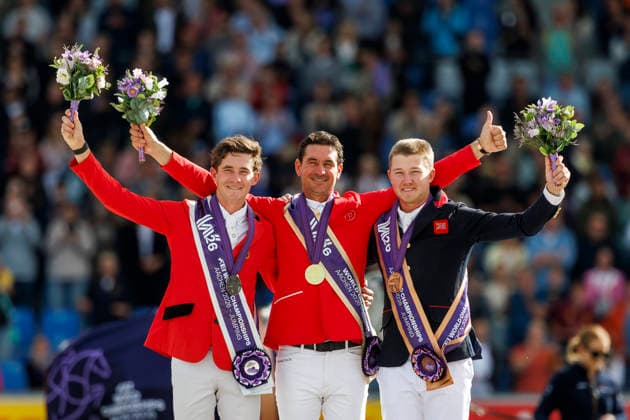 AACHEN - FEI World Championships 2026, AACHEN - FEI World Championships 2026 GUERDAT Steve (SUI), CHARLES Harry (GBR), SPITS Thibeau (BEL) Medal ceremony Medaillenvergabe FEI Jumping World Championship, WM, Weltmeisterschaft Third Competition Individual Final Round B Aachen, Reitstadion Soers 23. August 2026 - *** 2026 FEI World Championships in Aachen, AACHEN FEI World Championships 2026 GUERDAT Steve SUI, CHARLES Harry GBR, SPITS Thibeau BEL Medal Ceremony FEI Jumping World Championship Third Competition Individual Final Round B Aachen, Soers Equestrian Stadium August 23, 2026