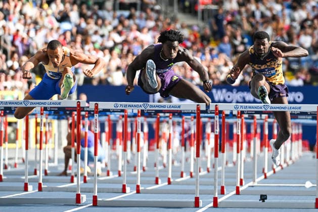Silesia Diamond League Meeting 2026 in Chorzow CHORZOW, POLAND - AUGUST 23: (L-R) Jamal Britt of the United States, Ja Kobe Tharp of the United States, and Cordell Tinch of the United States in action in the Men s 110m Hurdles Final at the Silesia Diamond League meeting of the 2026 Wanda Diamond League circuit at Silesian Stadium on August 23, 2026 in Chorzow, Poland Stringer Anadolu Chorzow Poland. Editorial use only. Please get in touch for any other usage.  Copyright: x2026xAnadoluxStringerx