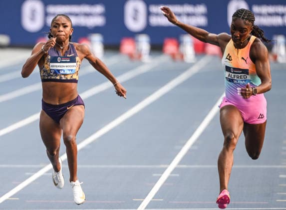 Silesia Diamond League Meeting 2026 in Chorzow CHORZOW, POLAND - AUGUST 23: Melissa Jefferson-Wooden of the United States and Julien Alfred of Saint Lucia in action in the Women s 100m Final at the Silesia Diamond League meeting of the 2026 Wanda Diamond League circuit at Silesian Stadium on August 23, 2026 in Chorzow, Poland. Jefferson-Wooden won the race with a season-best time of 10.78 seconds. Stringer Anadolu Chorzow Poland. Editorial use only. Please get in touch for any other usage.  Copyright: x2026xAnadoluxStringerx