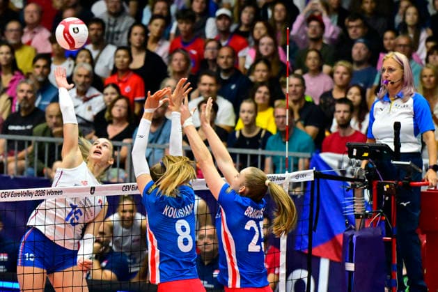 From left Aleksandra Uzelac of Serbia, Ela Koulisianova, Monika Brancuskova, both of Czech Republic in action during the Women s European Volleyball Championships Group B match Czech Republic vs Serbia, in Brno, Czech Republic, on August 23, 2026. (CTKxPhoto VaclavxSalek) CTKPhotoP2026082305084  CTKPhotoP2026082305084