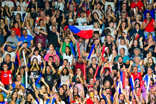 Czech fans in action during the Women s European Volleyball Championships Group B match Czech Republic vs Serbia, in Brno, Czech Republic, on August 23, 2026. (CTKxPhoto VaclavxSalek) CTKPhotoP2026082305103  CTKPhotoP2026082305103