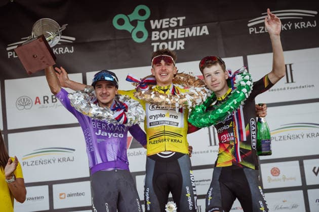 West Bohemia Tour 2026, stage 3, Road cycling, Rad, Radsport, Strasse final general classification podium Vaclav Jezek (Kasper Crypto4me, middle, winner), Daniel Moreira (Hagens Berman Jayco, left, second), Adam Pesek (Kasper Crypto4me, right, third), on August 23, 2026, Pilsen, Czechia. (CTKxPhoto JanxBrychta) CTKPhotoF202608230005301  CTKPhotoF202608230005301