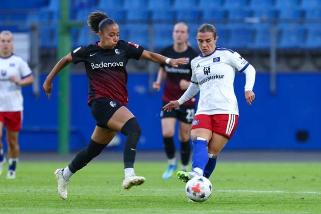 v.li.: Nicole Ojukwu (SC Freiburg, 6) und Leila Peneau (Hamburger SV, 15) im Zweikampf, Duell, Dynamik, Aktion, Action, Spielszene, DIE DFB-RICHTLINIEN UNTERSAGEN JEGLICHE NUTZUNG VON FOTOS ALS SEQUENZBILDER UND ODER VIDEOÄHNLICHE FOTOSTRECKEN. DFB REGULATIONS PROHIBIT ANY USE OF PHOTOGRAPHS AS IMAGE SEQUENCES AND OR QUASI-VIDEO., 23.08.2026, Hamburg (Deutschland), Fussball, Google Pixel Frauen-Bundesliga, Hamburger SV - SC Freiburg *** From left: Nicole Ojukwu (SC Freiburg, 6) and Leila Peneau (Hamburger SV, 15) in a one-on-one battle, duel, dynamic moment, action, game scene, DFB REGULATIONS PROHIBIT ANY USE OF PHOTOGRAPHS AS SEQUENCE IMAGES AND OR VIDEO-LIKE PHOTO STREAMS DFB REGULATIONS PROHIBIT ANY USE OF PHOTOGRAPHS AS IMAGE SEQUENCES AND OR QUASI-VIDEO, August 23, 2026, Hamburg, Germany, soccer, Google Pixel Women’s Bundesliga, Hamburger SV vs. SC Freiburg xobx