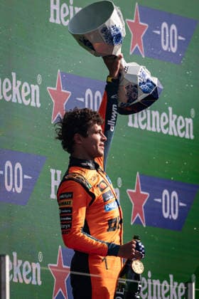 Circuit Zandvoort, Zandvoort, Netherlands. 23.August.2026; Lando Norris of Great Britain and McLaren Mastercard F1 Team on the podium during Formula One Dutch Grand Prix  aflo_342432437 JayxHiranox