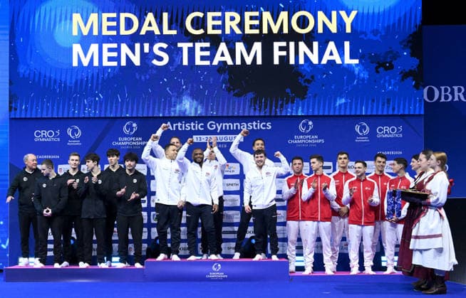 37th European Championships and 15th European Junior Championships in MenÂ s Artistic Gymnastics ZAGREB, CROATIA - AUGUST 23: Silver medalist team World Gymnastics 2, gold medalist team Great Britain and bronze medalist team Switzerland during the medal award ceremony for the Men s Team Final, on day 5 of the 2026 Men s Artistic Gymnastics European Championships at Arena Zagreb on August 23, 2026 in Zagreb, Croatia.  MarkoxLukunic PIXSELL