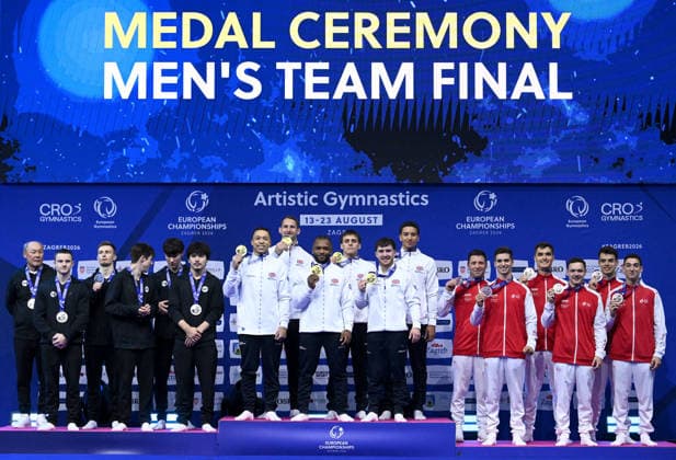 37th European Championships and 15th European Junior Championships in MenÂ s Artistic Gymnastics ZAGREB, CROATIA - AUGUST 23: Silver medalist team World Gymnastics 2, gold medalist team Great Britain and bronze medalist team Switzerland during the medal award ceremony for the Men s Team Final, on day 5 of the 2026 Men s Artistic Gymnastics European Championships at Arena Zagreb on August 23, 2026 in Zagreb, Croatia.  MarkoxLukunic PIXSELL