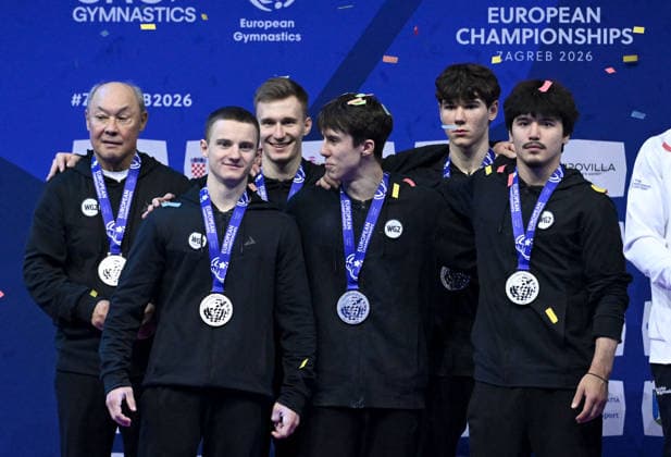 37th European Championships and 15th European Junior Championships in MenÂ s Artistic Gymnastics ZAGREB, CROATIA - AUGUST 23: Silver medalist team World Gymnastics 2 during the medal award ceremony for the Men s Team Final, on day 5 of the 2026 Men s Artistic Gymnastics European Championships at Arena Zagreb on August 23, 2026 in Zagreb, Croatia.  MarkoxLukunic PIXSELL