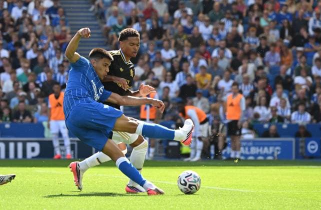 Villa s George Hemmings watches whilst Diego Gomez of Brighton pounces on the loose ball and shoots during the Premier League match between Brighton and Hove Albion and Aston Villa at the American Express Stadium, Brighton UK - Sunday 23rd August 2026 Brighton v Aston Villa Premier League Football, Amex Stadium, Sussex, UK - 23 Aug 2026Brighton Amex Stadium Sussex United Kingdom EDITORIAL USE ONLY No use with unauthorised audio, video, data, fixture lists, club league logos or live services. Online in-match use limited to 120 images, no video emulation. No use in betting, games or single club league player publications. . No mer  Copyright: xLizxFinlayson TPI Shutterstockx 17113558aw