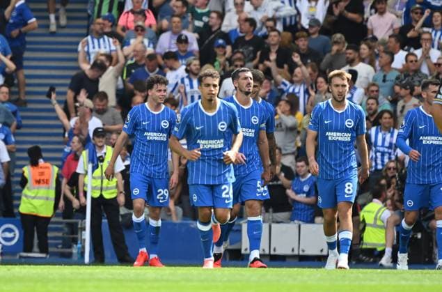 Brighton celebrate after going one nil up during the Premier League match between Brighton and Hove Albion and Aston Villa at the American Express Stadium, Brighton UK - Sunday 23rd August 2026 Brighton v Aston Villa Premier League Football, Amex Stadium, Sussex, UK - 23 Aug 2026Brighton Amex Stadium Sussex United Kingdom EDITORIAL USE ONLY No use with unauthorised audio, video, data, fixture lists, club league logos or live services. Online in-match use limited to 120 images, no video emulation. No use in betting, games or single club league player publications. . No mer  Copyright: xLizxFinlayson TPI Shutterstockx 17113558bi