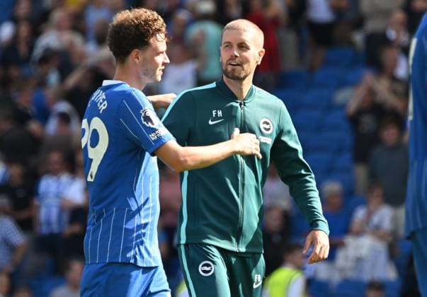 Maxim De Cuyper of Brighton and Brighton head coach Fabian Hurzeler after the final whistle of the Premier League match between Brighton and Hove Albion and Aston Villa at the American Express Stadium, Brighton UK - Sunday 23rd August 2026 Brighton v Aston Villa Premier League Football, Amex Stadium, Sussex, UK - 23 Aug 2026Brighton Amex Stadium Sussex United Kingdom EDITORIAL USE ONLY No use with unauthorised audio, video, data, fixture lists, club league logos or live services. Online in-match use limited to 120 images, no video emulation. No use in betting, games or single club league player publications. . No mer  Copyright: xLizxFinlayson TPI Shutterstockx 17113558bk