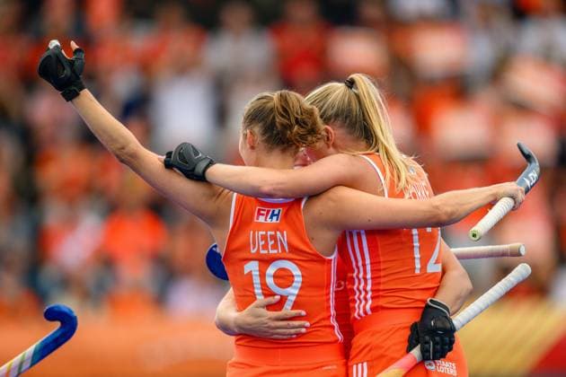 AMSTELVEEN, 23-08-2026, Wagener Stadion, FIH Hockey World Cup 2026 Women, 2026. Marijn Veen and Luna Fokke celebrating the goal scored during the game Netherlands - China (women). Netherlands - China (women)  x205987427x Copyright: