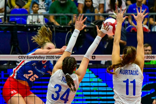 From left Czech Monika Brancuskova, Branka Tica, Hena Kurtagic, both of Serbia in action during the Women s European Volleyball Championships Group B match Czech Republic vs Serbia, in Brno, Czech Republic, on August 23, 2026. (CTKxPhoto VaclavxSalek) CTKPhotoP2026082305636  CTKPhotoP2026082305636