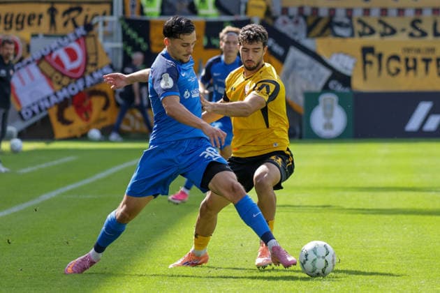 23.08.2026, xgrfx, Fussball DFB Pokal 1.Runde, SV Westfalia Rhynern - Dynamo Dresden v.l. Melih Sayin (SV Westfalia Rhynern), Kaan Inanoglu (Dynamo Dresden) (DFL DFB REGULATIONS PROHIBIT ANY USE OF PHOTOGRAPHS as IMAGE SEQUENCES and or QUASI-VIDEO) Münster *** August 23, 2026, xgrfx, Soccer DFB Cup First Round, SV Westfalia Rhynern vs. Dynamo Dresden, Melih Sayin (SV Westfalia Rhynern), Kaan Inanoglu (Dynamo Dresden). DFL and DFB regulations prohibit any use of photographs as image sequences and or quasi-video. Münster