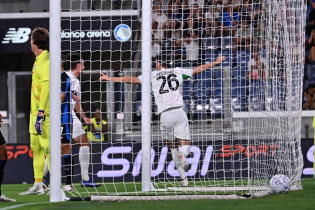 August 23, 2026, Bergamo, Lombardia: Sassuolo s Cas Ruben Odenthal celebrates after goal 1-1 during the Italian Serie A soccer match Atalanta BC vs Sassuolo Calcio at the New Balance Arena in Bergamo, Italy, 23 August 2026. ANSA MICHELE MARAVIGLIA. Soccer: Serie A; Atalanta-Sassuolo  - ZUMAa110 20260823_zaf_a110_059 Copyright: xMichelexMaravigliax