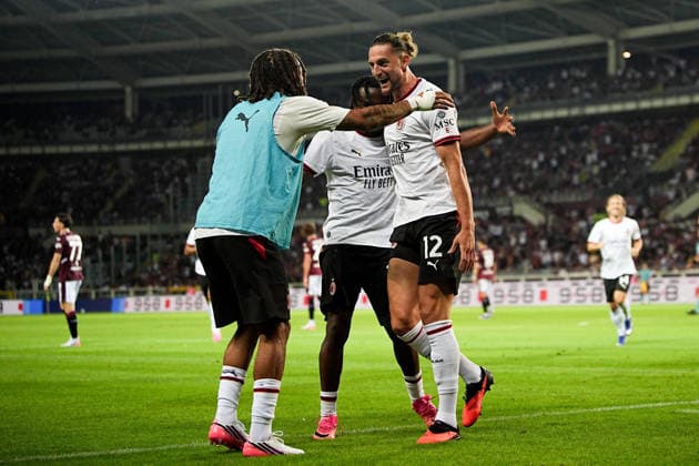 Milan™s Adrien Rabiot celebrates after scoring the 2-0 goal for his team during the Serie A soccer match between Torino and Milan at the Stadio Olimpico Grande Torino in Turin, north west Italy - Sunday, August 23, 2026. - Soccer .  Copyright: xMarcoxAlpozzi LaPressex