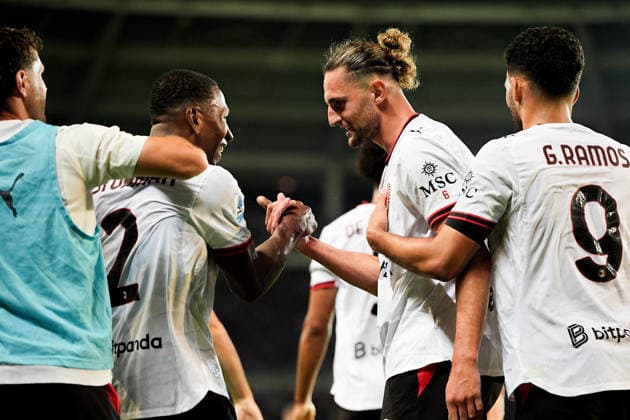 Milan™s Adrien Rabiot celebrates after scoring the 2-0 goal for his team during the Serie A soccer match between Torino and Milan at the Stadio Olimpico Grande Torino in Turin, north west Italy - Sunday, August 23, 2026. - Soccer .  Copyright: xMarcoxAlpozzi LaPressex
