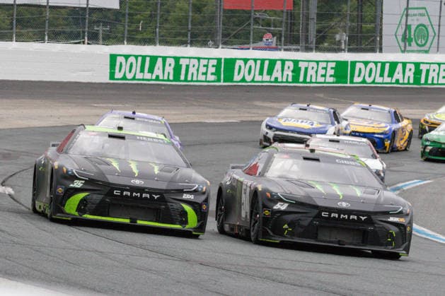 LOUDON, NH - AUGUST 23: Monster Energy drivers, Riley Herbst ( 35 23XI Racing Monster Energy Toyota) and Ty Gibbs ( 54 Joe Gibbs Racing Monster Energy Toyota) race side by side out of turn 2 during the NASCAR, Motorsport, USA Cup Series Dollar Tree 301 on August 23, 2026, at New Hampshire Motor Speedway in Loudon, NH. (Photo by David Hahn Icon Sportswire) AUTO: AUG 23 NASCAR Cup Series Dollar Tree 301 EDITORIAL USE ONLY Icon260823015