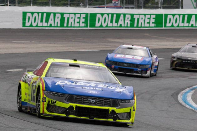 LOUDON, NH - AUGUST 23: Ryan Blaney ( 12 Team Penske Menards Dutch Boy Ford) exits turn 2 during the NASCAR, Motorsport, USA Cup Series Dollar Tree 301 on August 23, 2026, at New Hampshire Motor Speedway in Loudon, NH. (Photo by David Hahn Icon Sportswire) AUTO: AUG 23 NASCAR Cup Series Dollar Tree 301 EDITORIAL USE ONLY Icon260823016