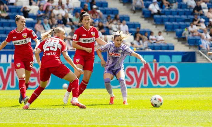 23.08.26 Frauen TSG 1899 Hoffenheim - VfB Stuttgart Deutschland, Stuttgart, 23.08.2026, Fussball, Frauen, Bundesliga, Saison 2026 2027, TSG 1899 Hoffenheim - VfB Stuttgart: v.l. Reena Wichmann, Luzie Zähringer, Chantal Hagel (alle VfB Stuttgart), Janna Grimm (TSG 1899 Hoffenheim). *** August 23, 2026 Women s TSG 1899 Hoffenheim vs. VfB Stuttgart Germany, Stuttgart, August 23, 2026, Soccer, Women s, Bundesliga, 2026–2027 Season, TSG 1899 Hoffenheim vs. VfB Stuttgart; from left: Reena Wichmann, Luzie Zähringer, Chantal Hagel (all VfB Stuttgart), Janna Grimm (TSG 1899 Hoffenheim)