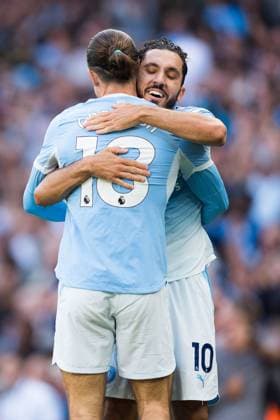 Rayan Cherki and Jack Grealish of Manchester City embrace at full time Manchester City v Bournemouth, Premier League, Football, Etihad Stadium, Manchester, UK - 23 Aug 2026Manchester Etihad Stadium United Kingdom EDITORIAL USE ONLY No use with unauthorised audio, video, data, fixture lists, club league logos or live services. Online in-match use limited to 120 images, no video emulation. No use in betting, games or single club league player publications.  Copyright: xWiredxPhotos Shutterstockx 17113667eh