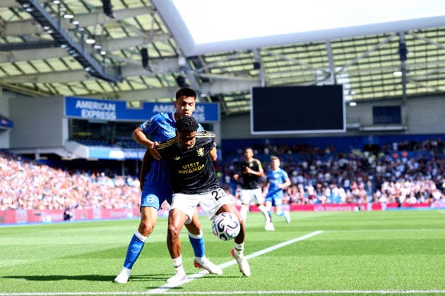 Brighton and Hove, England, 23rd August 2026. Diego Gomez of Brighton & Hove Albion and Ian Maatsen of Aston Villa challenge for the ball during the Brighton and Hove Albion vs Aston Villa Premier League match at the AMEX Stadium, Brighton and Hove. Picture credit should read: Paul Terry Sportimage EDITORIAL USE ONLY. No use with unauthorised audio, video, data, fixture lists, club league logos or live services. Online in-match use limited to 120 images, no video emulation. No use in betting, games or single club league player publications. SPI_128_PT_Brighton_Villa SPI-4931-0131