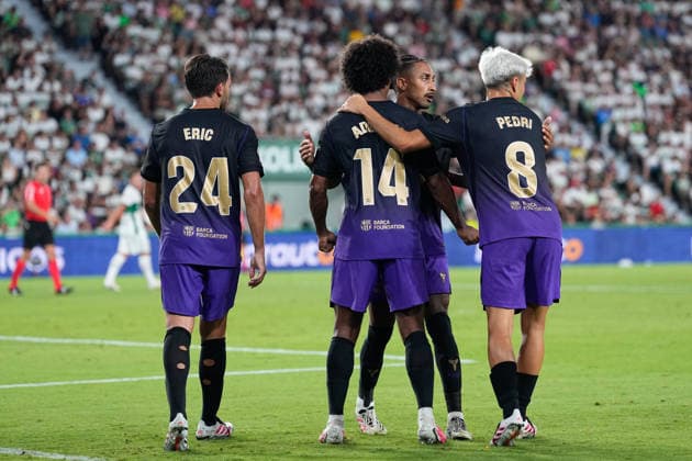 August 23, 2026, Elche, Elche, Spain: Karim Adeyemi of FC Barcelona, Barca celebrates after scoring his team s second goal with teammates during the Spanish League, LaLiga EA Sports, football match played between Elche CF and FC Barcelona at Estadio Manuel Martinez Valero on August 23, 2026, in Elche, Spain. Elche Spain - ZUMAa181 20260823_zaa_a181_208 Copyright: xDennisxAgyemanx