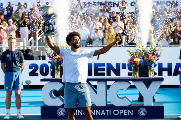 CINCINNATI, OH - AUGUST 23: Arthur Fils of France holds up the Rookwood Cup after winning the final round of the Cincinnati Open at the Lindner Family Tennis Center on August 23, 2026 in Mason, Ohio. (Photo by Ian Johnson Icon Sportswire) TENNIS: AUG 23 Cincinnati Open EDITORIAL USE ONLY Icon260823005