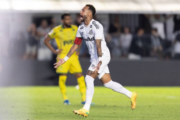 Santos v Mirassol - Brazilian Serie A SANTOS, BRAZIL - AUGUST 23: Neymar of Santos celebrates after scoring during the Campeonato Brasileiro Serie A match between Santos and Mirassol at Estadio Urbano Caldeira on August 23, 2026 in Santos, Brazil. Santos Stadium Urbano Caldeira Sao Paulo Brazil