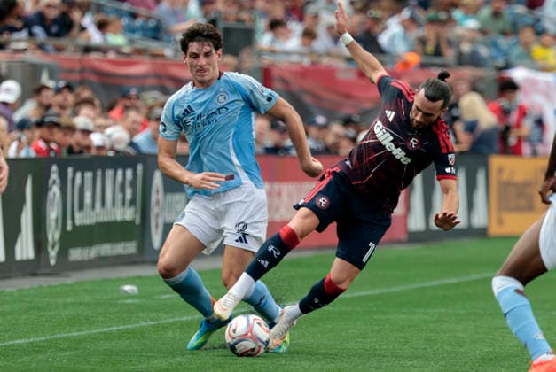 FOXBOROUGH, MA - AUGUST 23: Nico Cavallo 2 of the New York City Football Club knocks Jack Harrison 11 of the New England Revolution off the ball during a match between the New England Revolution and New York City FC on August 23, 2026, at Gillette Stadium in Foxborough, Massachusetts. (Photo by Fred Kfoury III Icon Sportswire) SOCCER: AUG 23 MLS, Fussball Herren, USA New England Revolution vs New York City FC EDITORIAL USE ONLY Icon482260823023